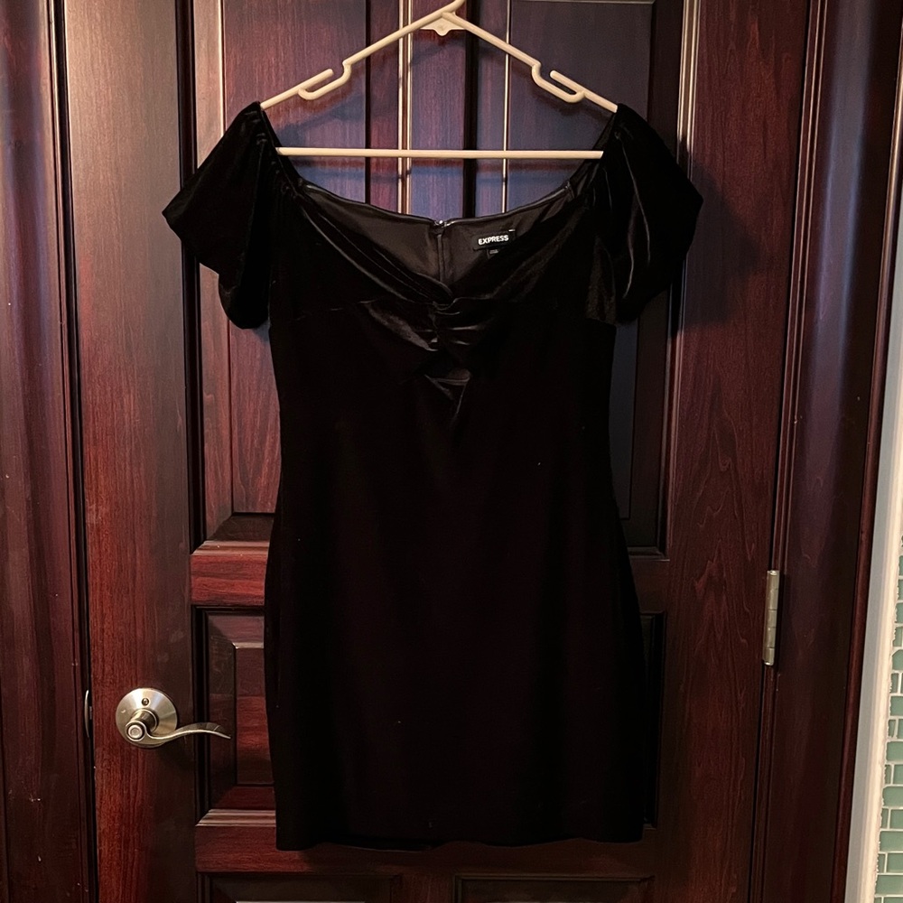 Express Black Velvet Off-Shoulder Mini Dress with Puff Sleeves